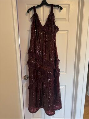 Loveshack Fancy Women’s Burgundy Sequin Ruffle Slip Dress